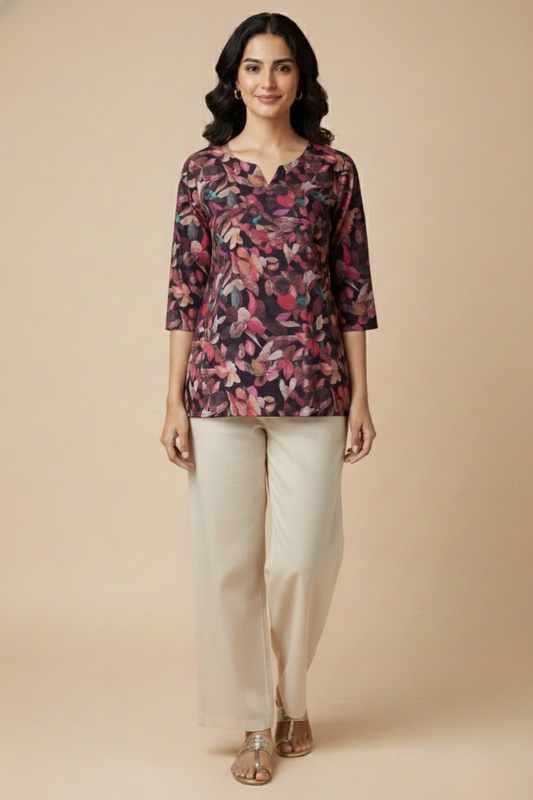 Women Premium Abstract Brush Paint Floral PC Cotton Linen Printed Tunic