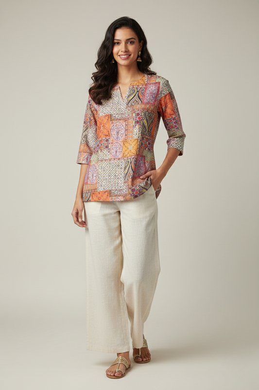 Women Premium Ikat Inspired Geometric PC Cotton Linen Printed Tunic