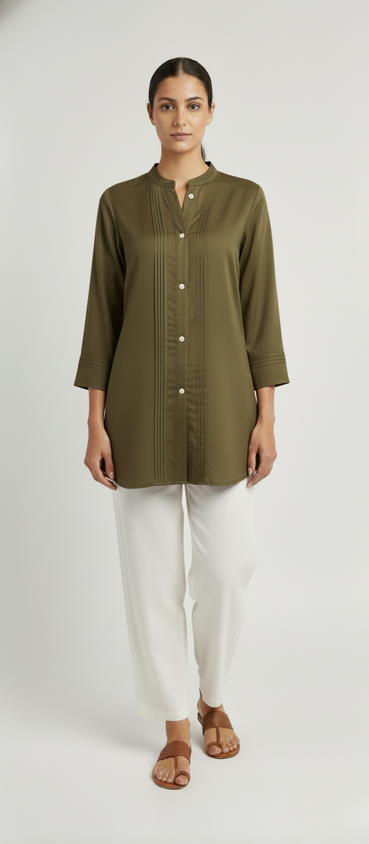 Women Premium {Mahendi} Olive Green Pleated Gazzi Silk Tunic Short Top