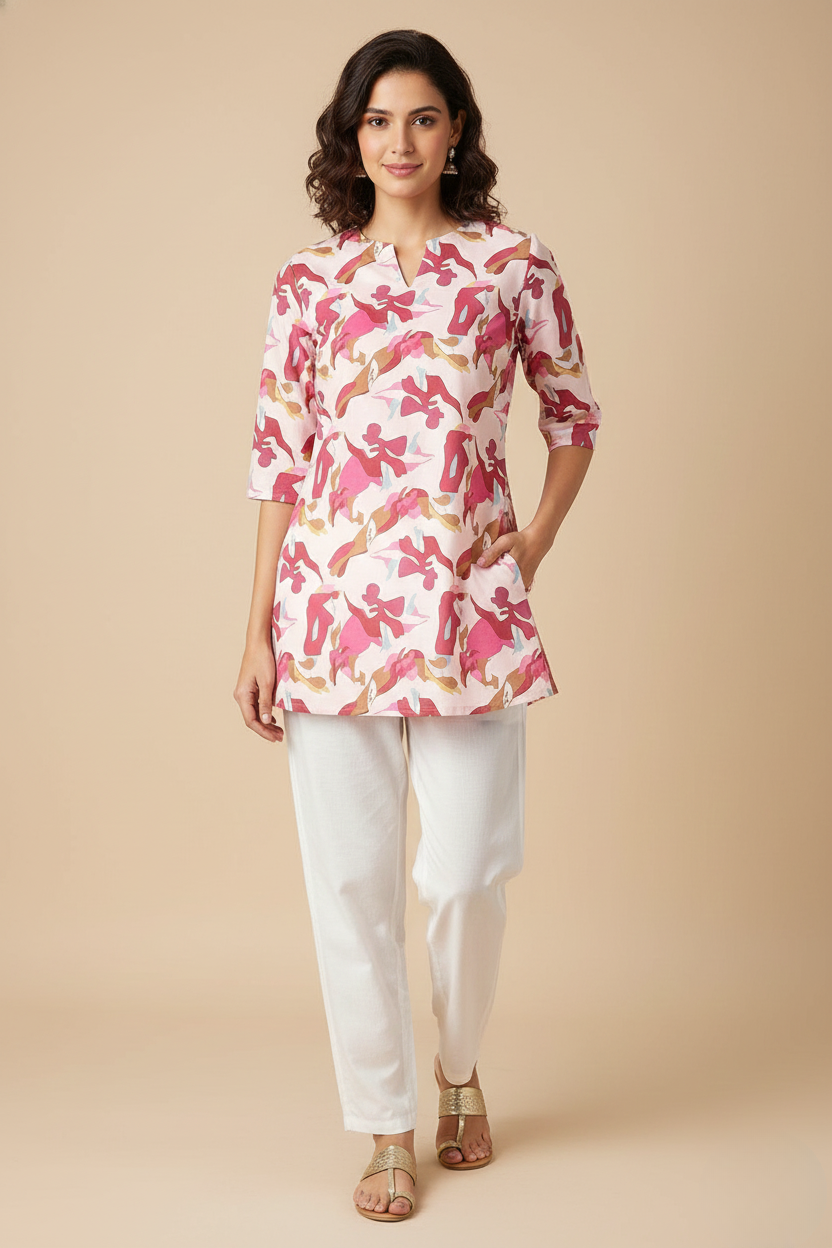 Women Premium Artistic Abstract PC Cotton Linen Printed Tunic
