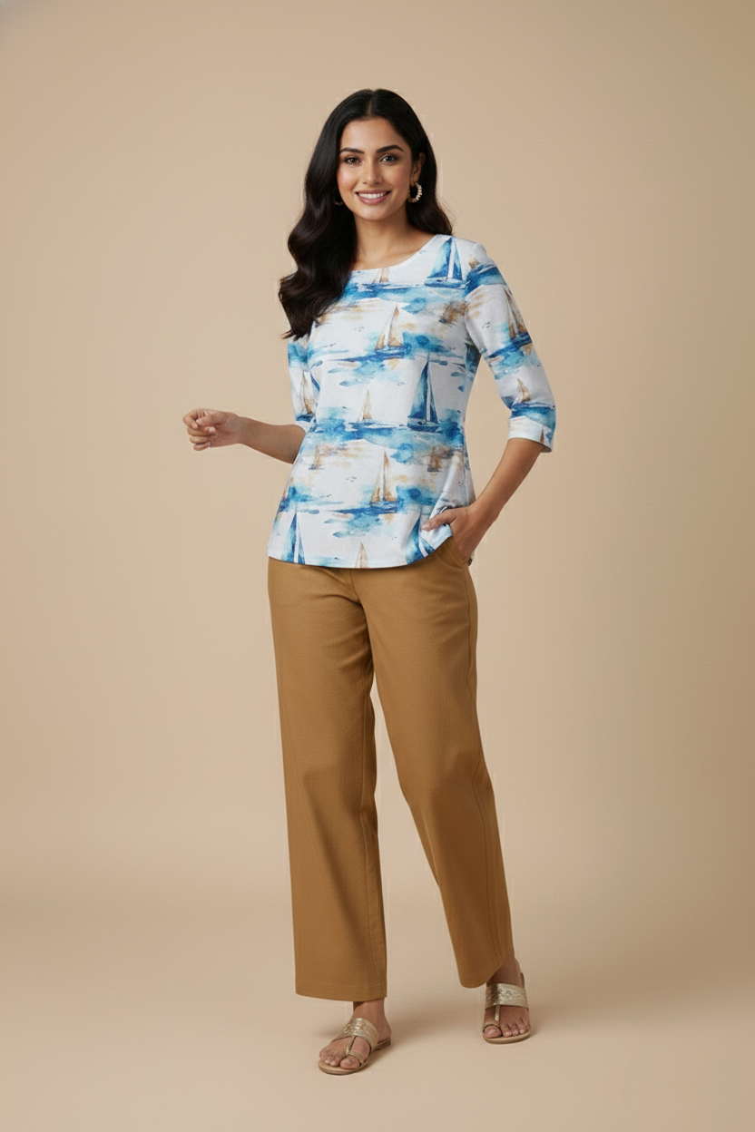 Women Premium Fancy Ship PC Cotton Linen Printed Tunic