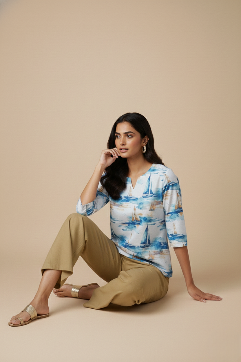 Women Premium Fancy Ship PC Cotton Linen Printed Tunic