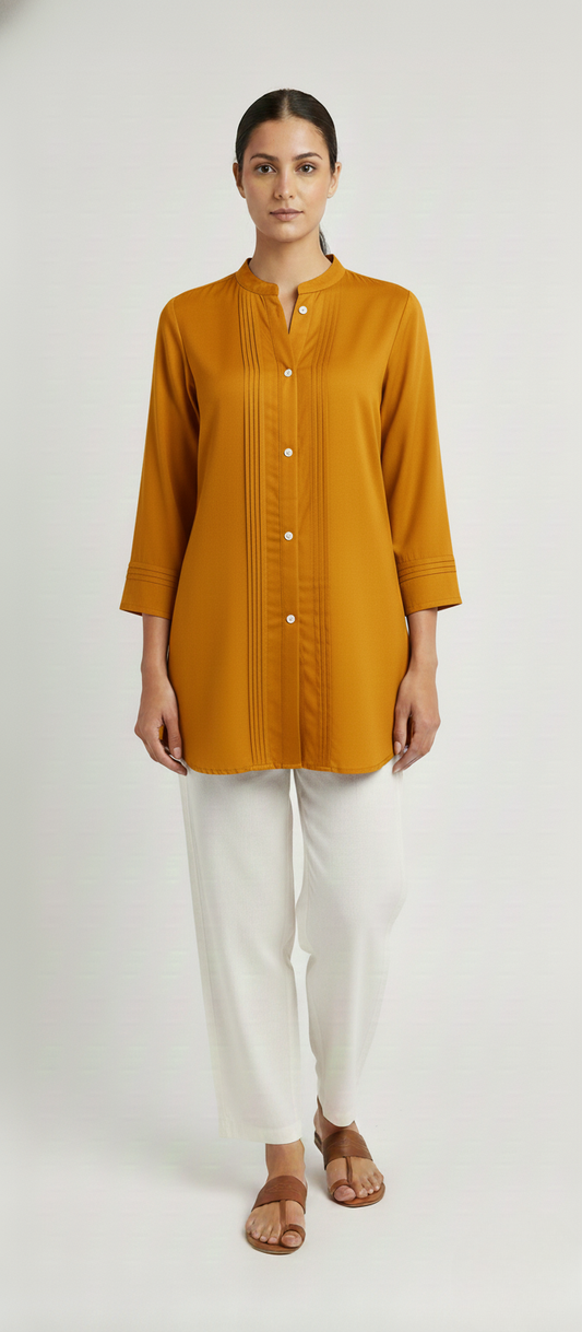 Women Premium Mustard Pleated Gazzi Silk Tunic Short Top