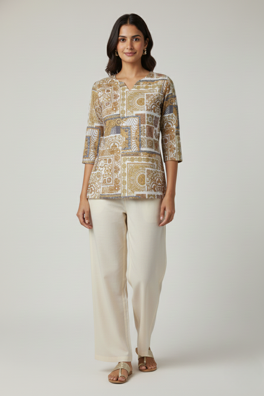 Women Premium Mustard Geometrical Abstract PC Cotton Linen Printed Tunic