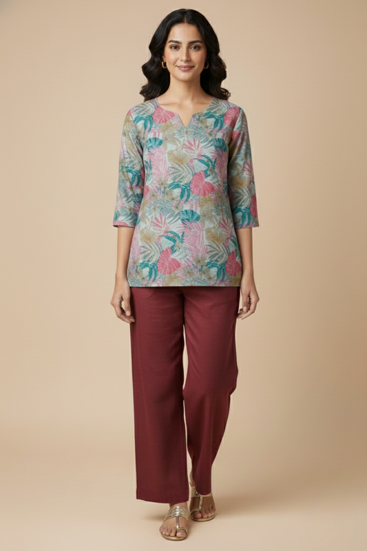 Women Premium Small Floral Garden PC Cotton Linen Printed Tunic