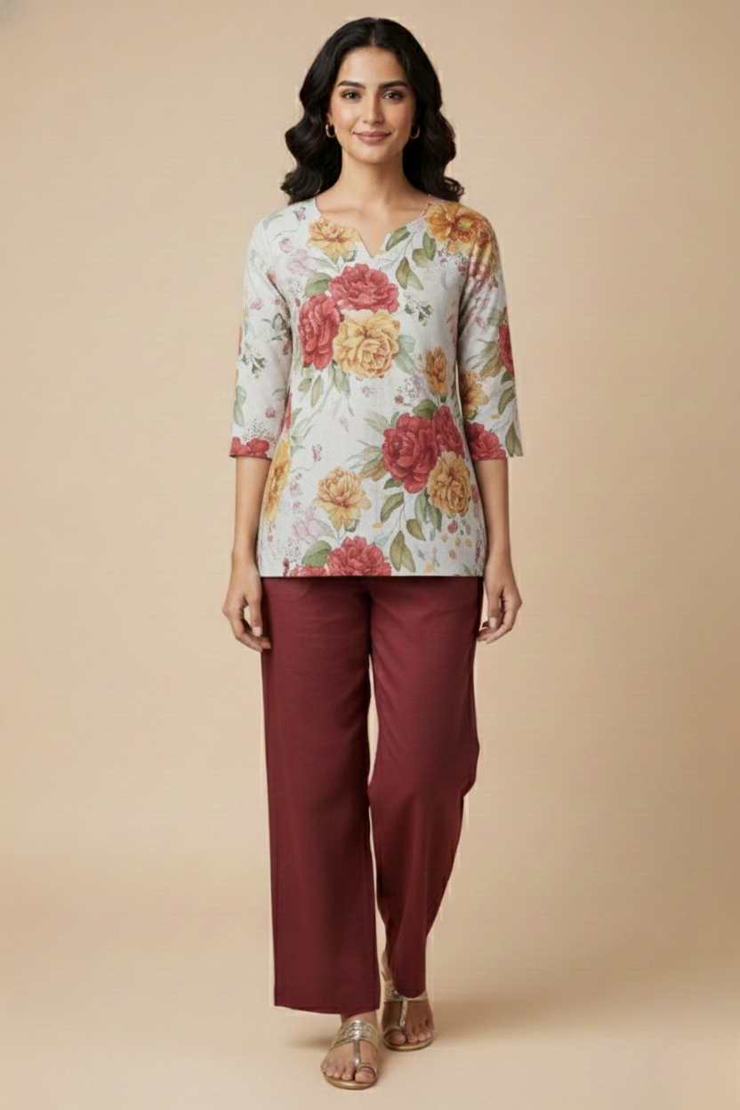 Women Premium Floral PC Cotton Linen Printed Tunic