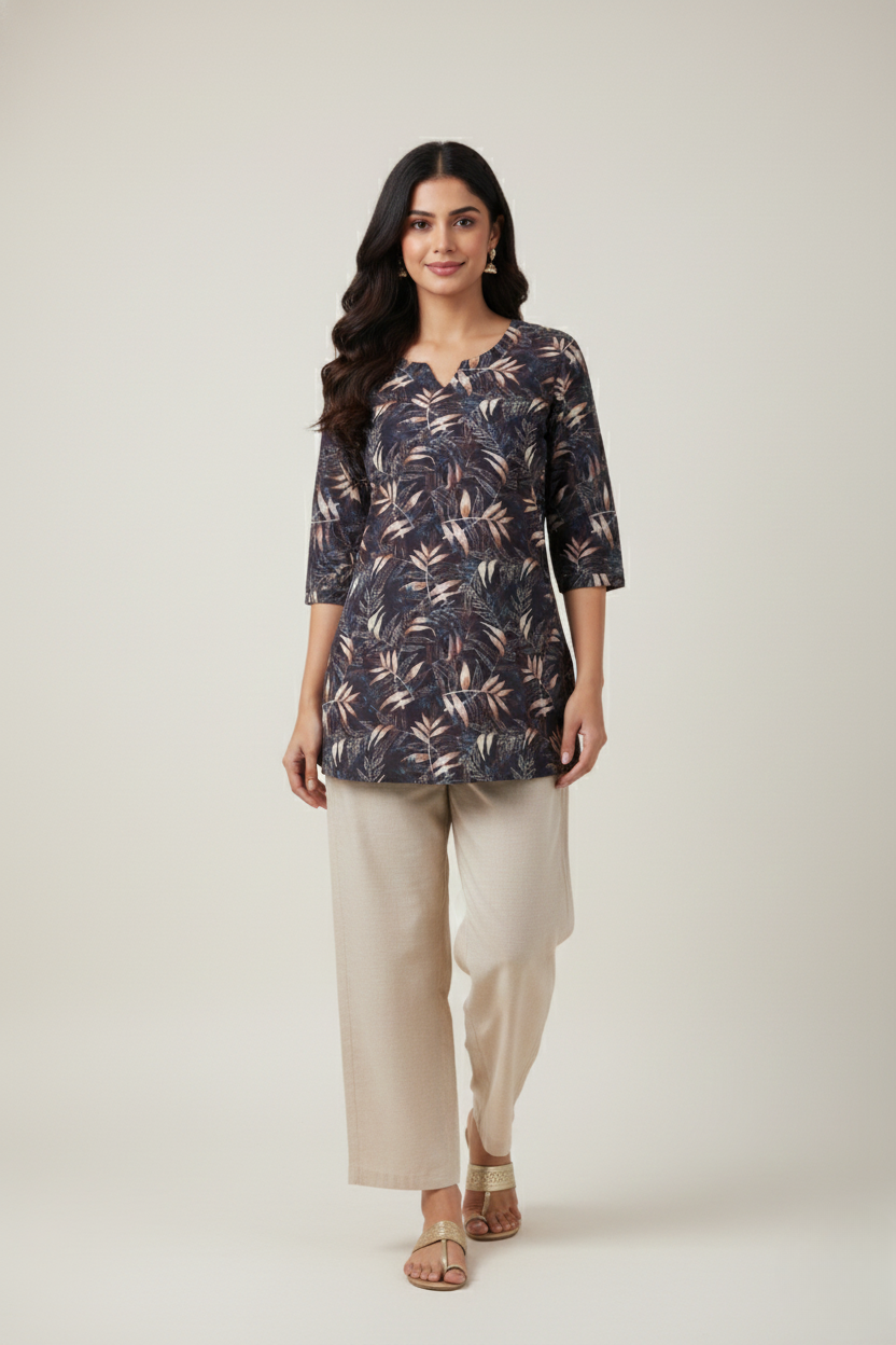 Women Premium Leaves PC Cotton Linen Printed Tunic