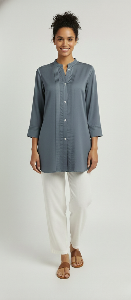 Women Premium D Grey Pleated Gazzi Silk Tunic Short Top