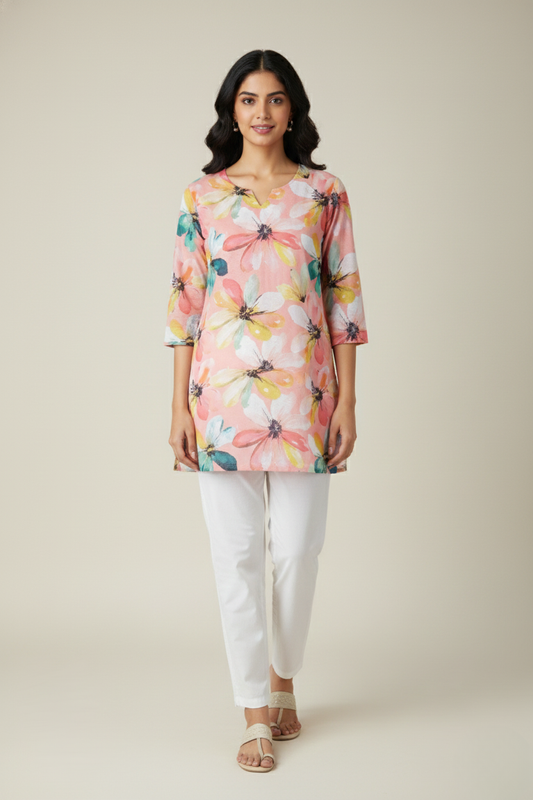 Women Premium Brush Paint Floral PC Cotton Linen Printed Tunic