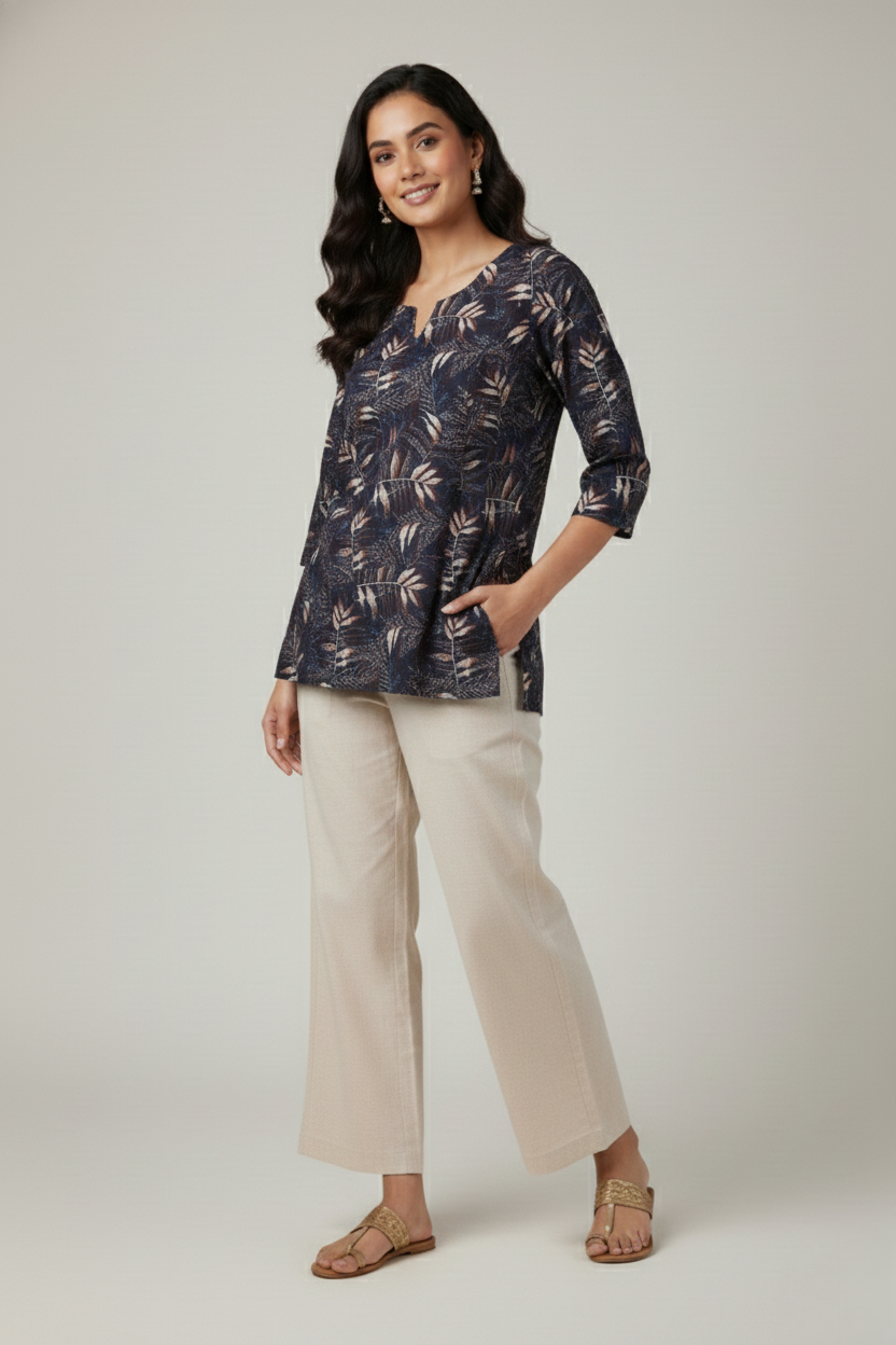 Women Premium Leaves PC Cotton Linen Printed Tunic