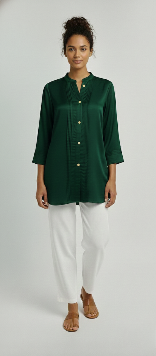 Women Premium Bottle Green Pleated Gazzi Silk Tunic Short Top