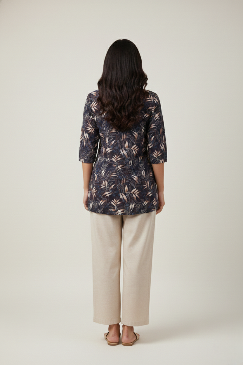 Women Premium Leaves PC Cotton Linen Printed Tunic