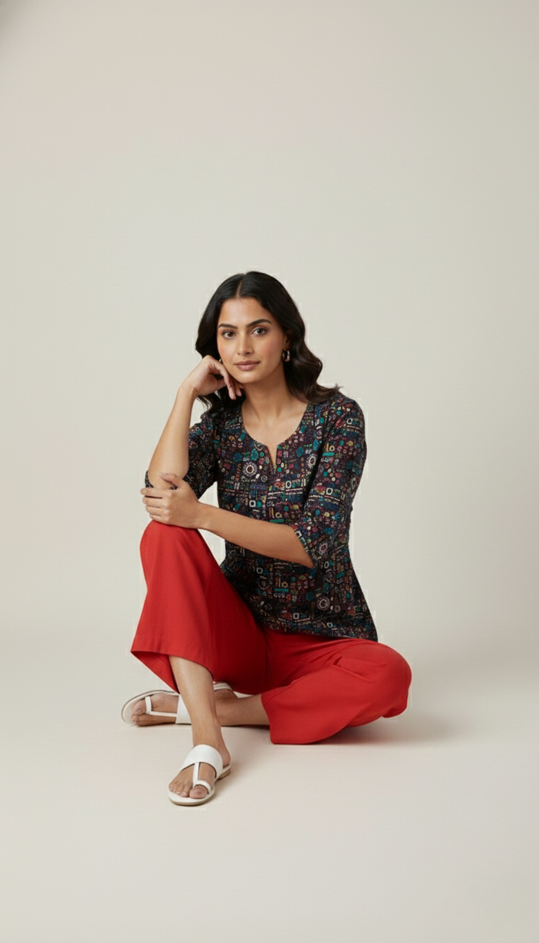 Women Premium Tribal Motifs PC Cotton Linen Printed Tunic