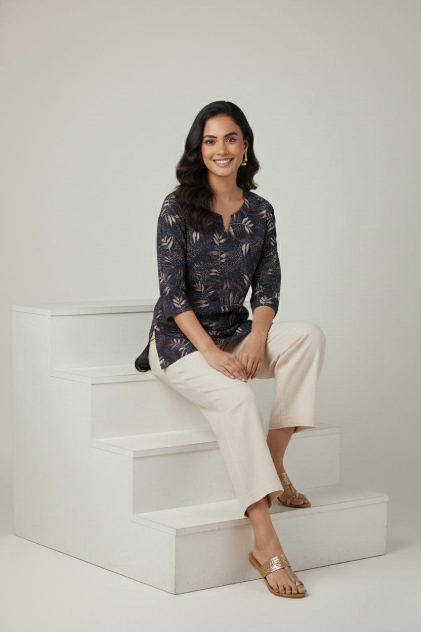 Women Premium Leaves PC Cotton Linen Printed Tunic