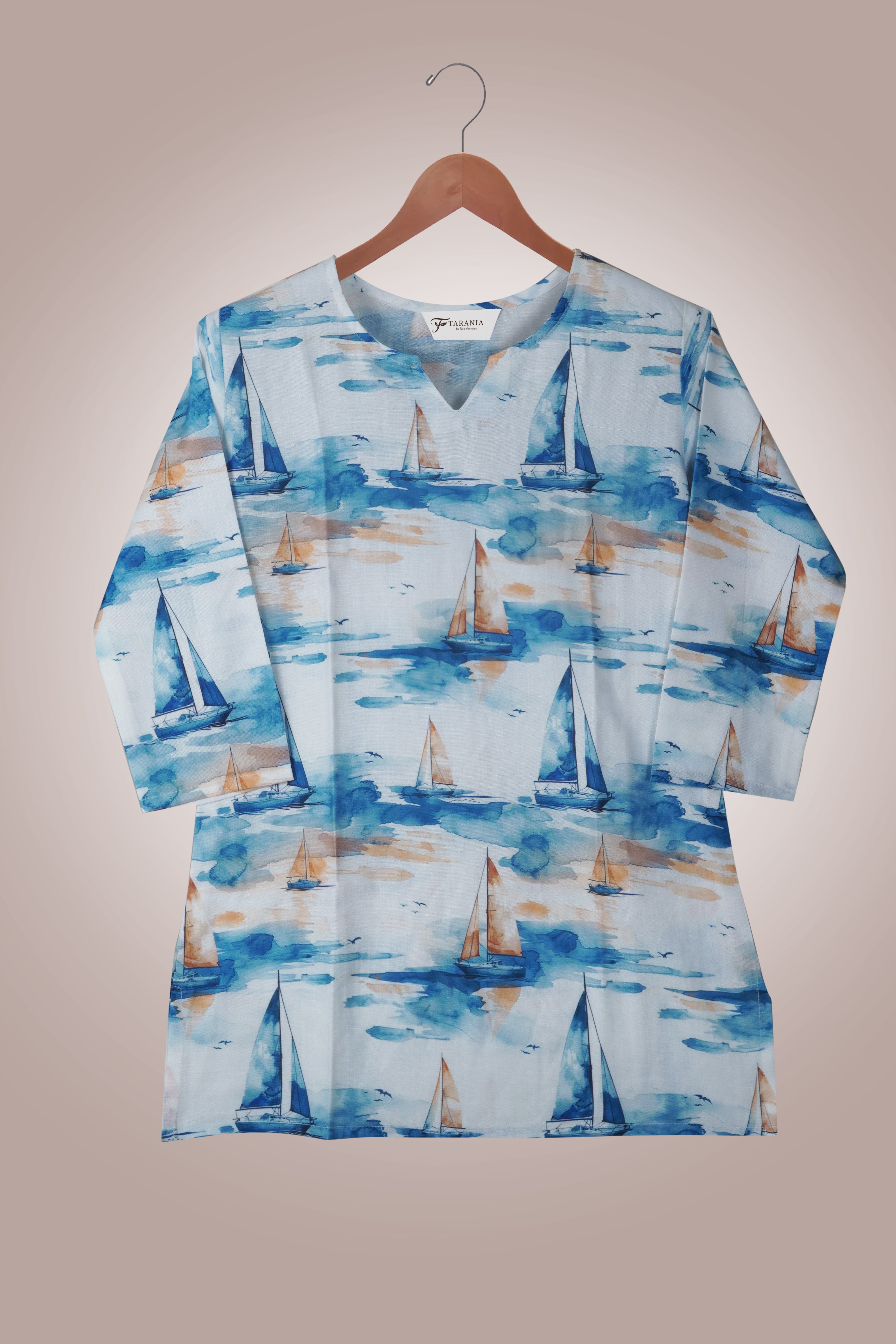 Women Premium Fancy Ship PC Cotton Linen Printed Tunic