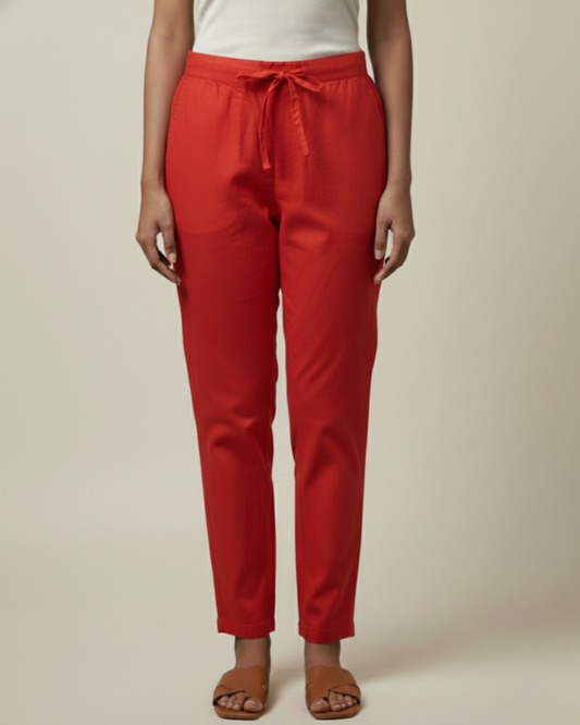 Women Premium Red Cotton Linen Pant