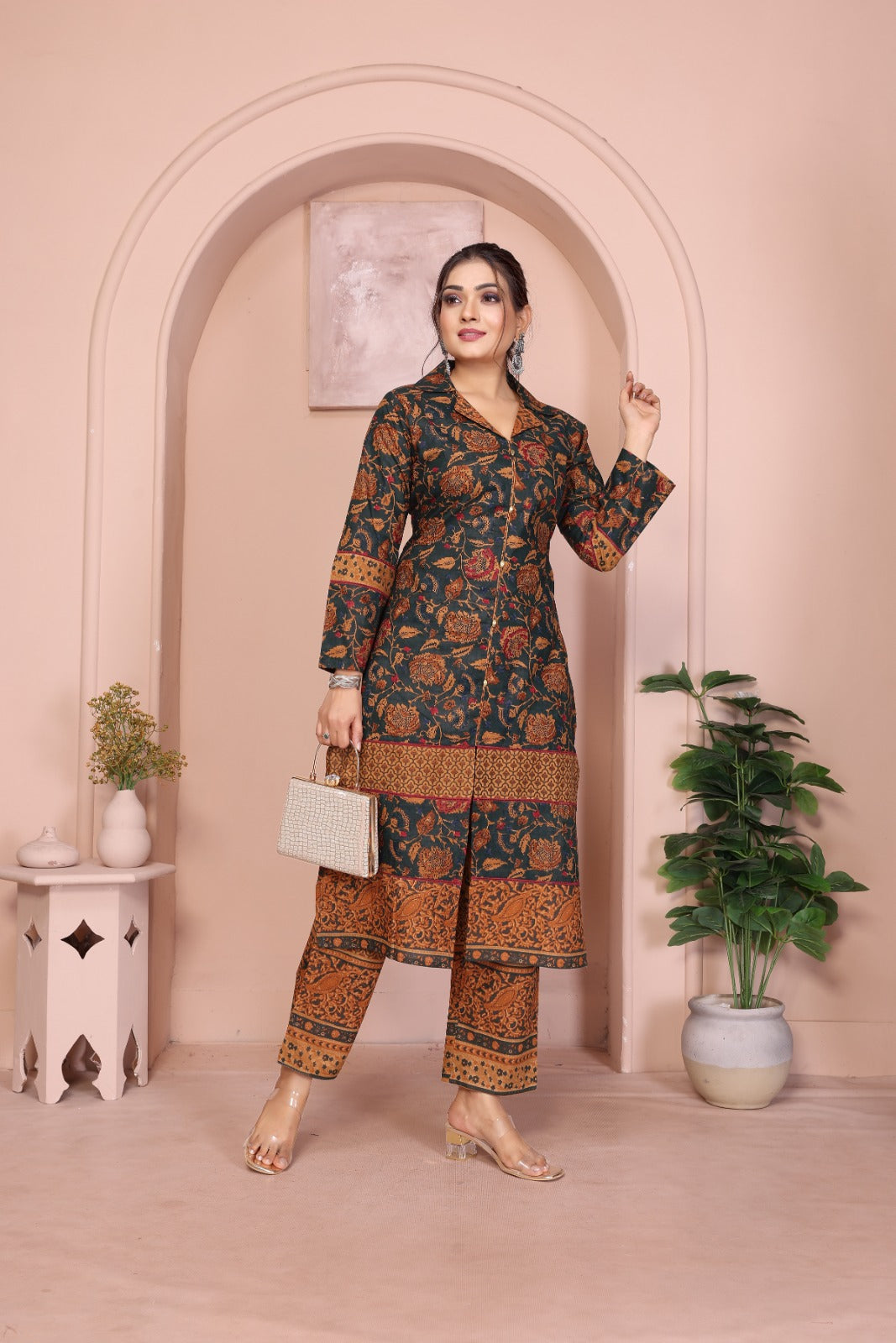 Women Bottle Green Premium Cotton Kurti Pant Set