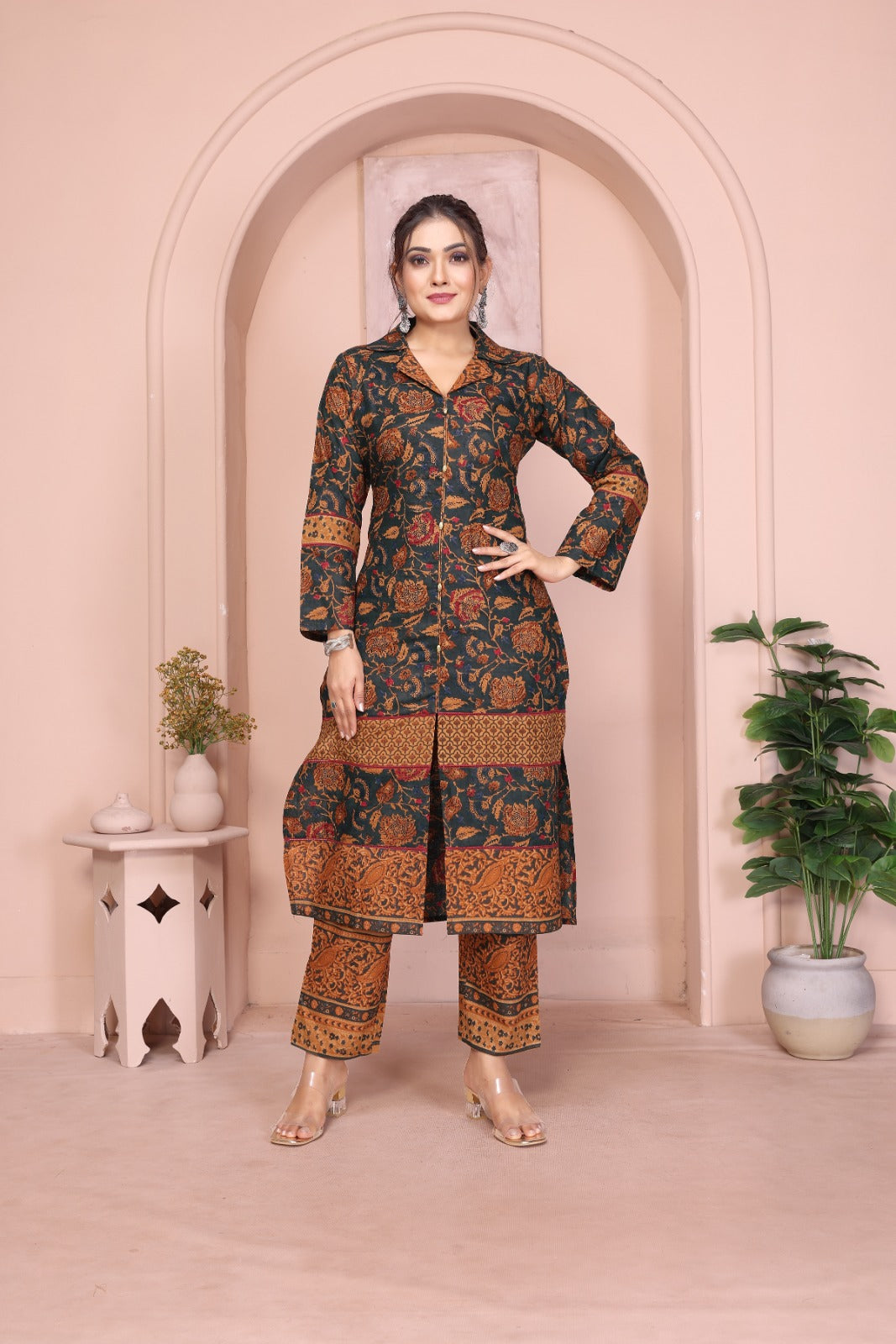 Women Bottle Green Premium Cotton Kurti Pant Set