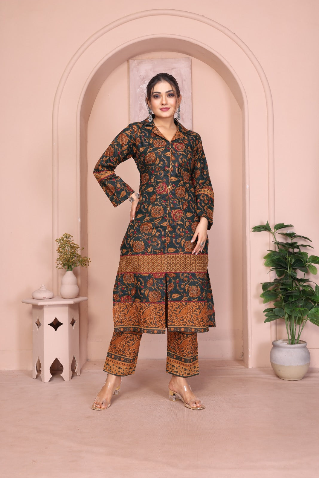 Women Bottle Green Premium Cotton Kurti Pant Set