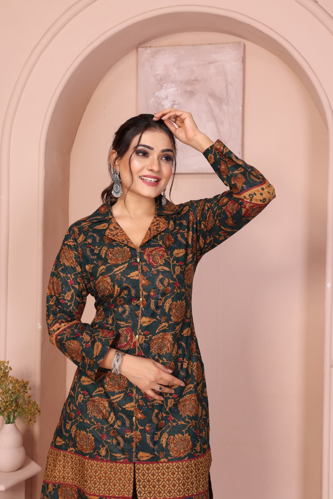 Women Bottle Green Premium Cotton Kurti Pant Set