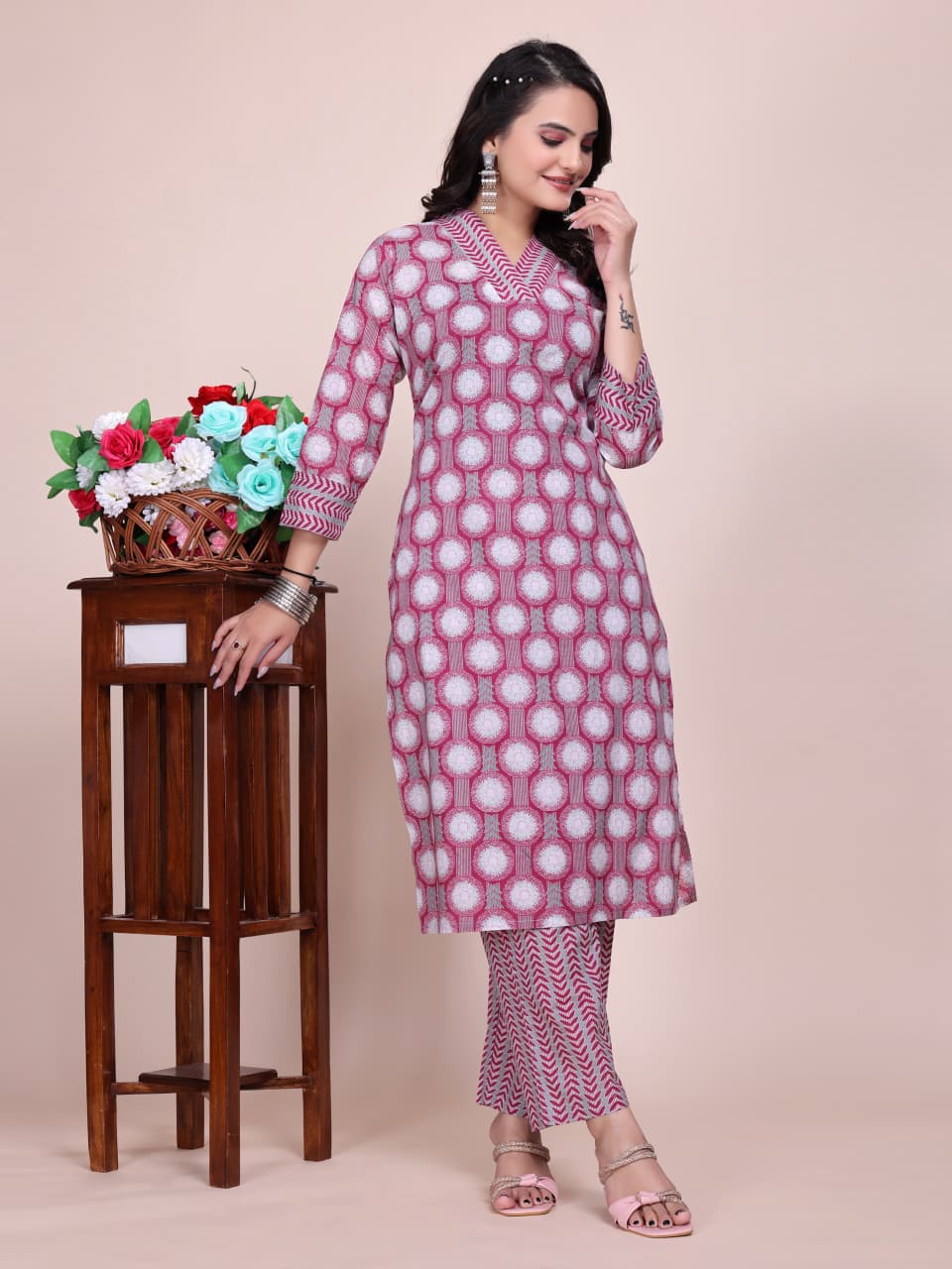 Women Premium Purple Cotton Kurti Pant Set