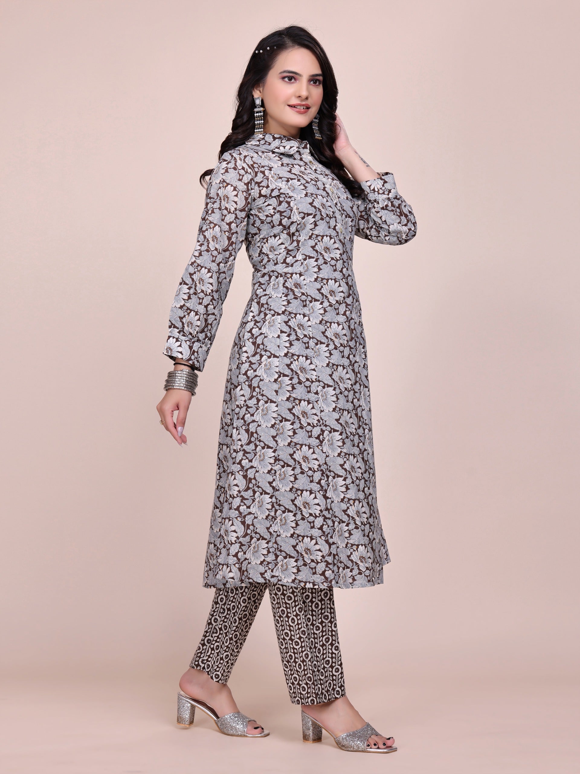Women Premium Cotton Floral Coffee Kurti Pant Set