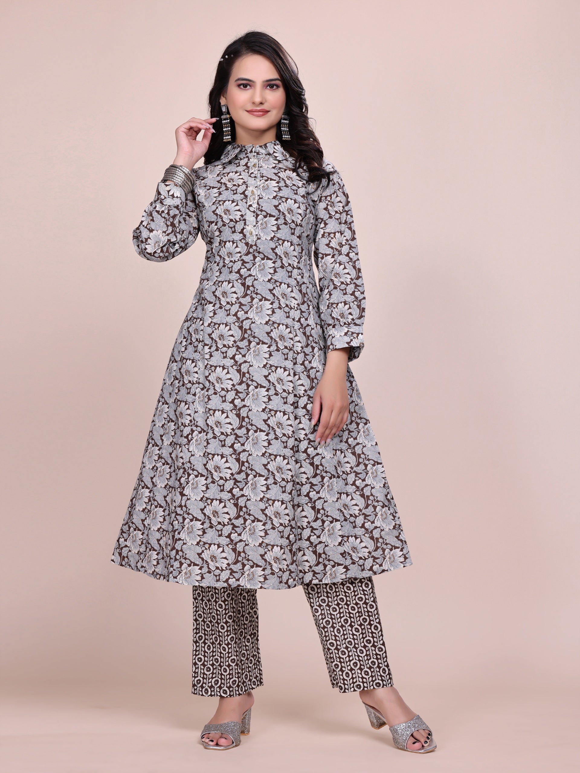 Women Premium Cotton Floral Coffee Kurti Pant Set