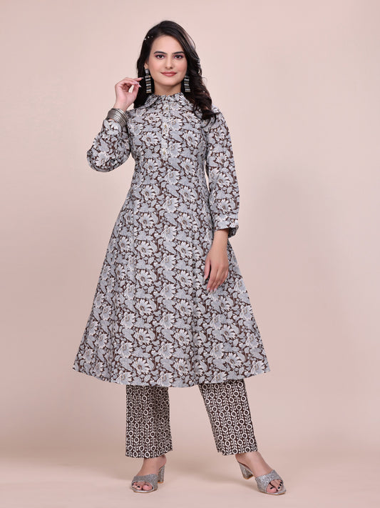 Women Premium Cotton Floral Coffee Kurti Pant Set