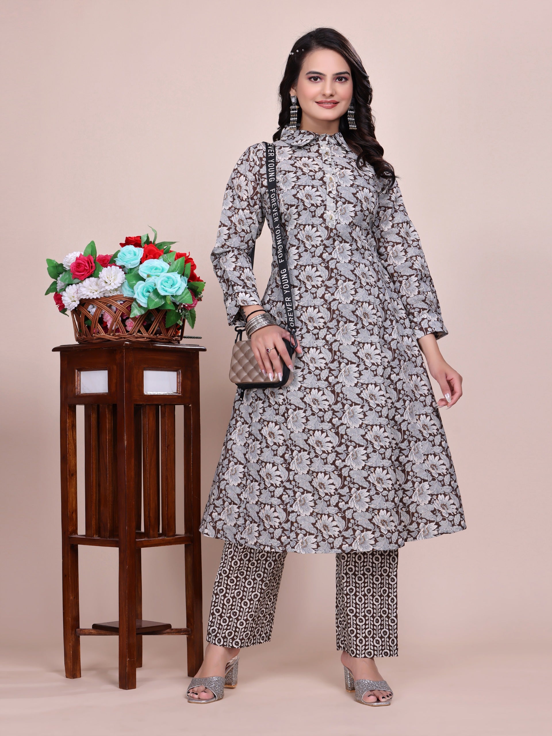 Women Premium Cotton Floral Coffee Kurti Pant Set
