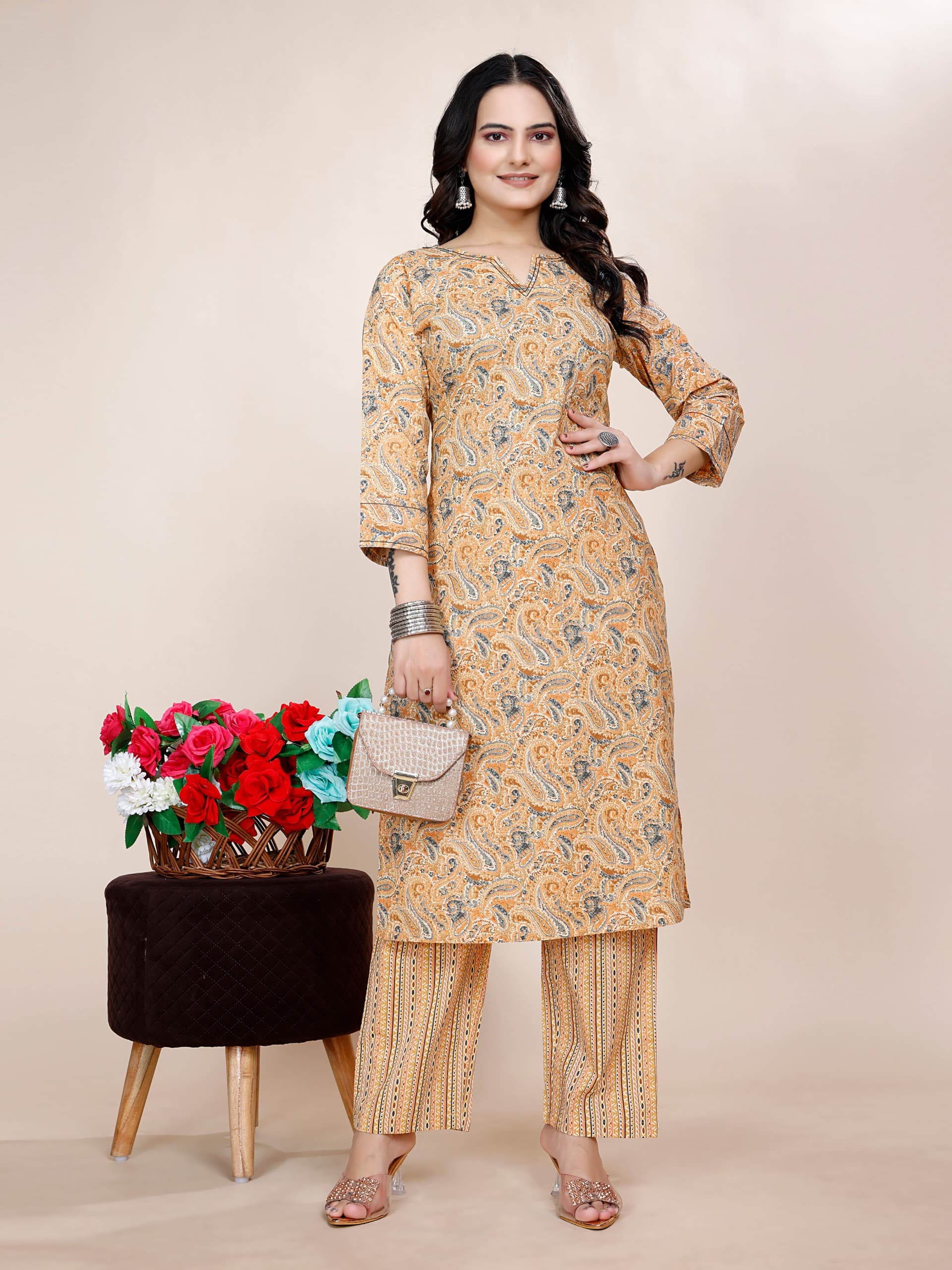Women Premium Cotton Mustard Kurti Pant Set