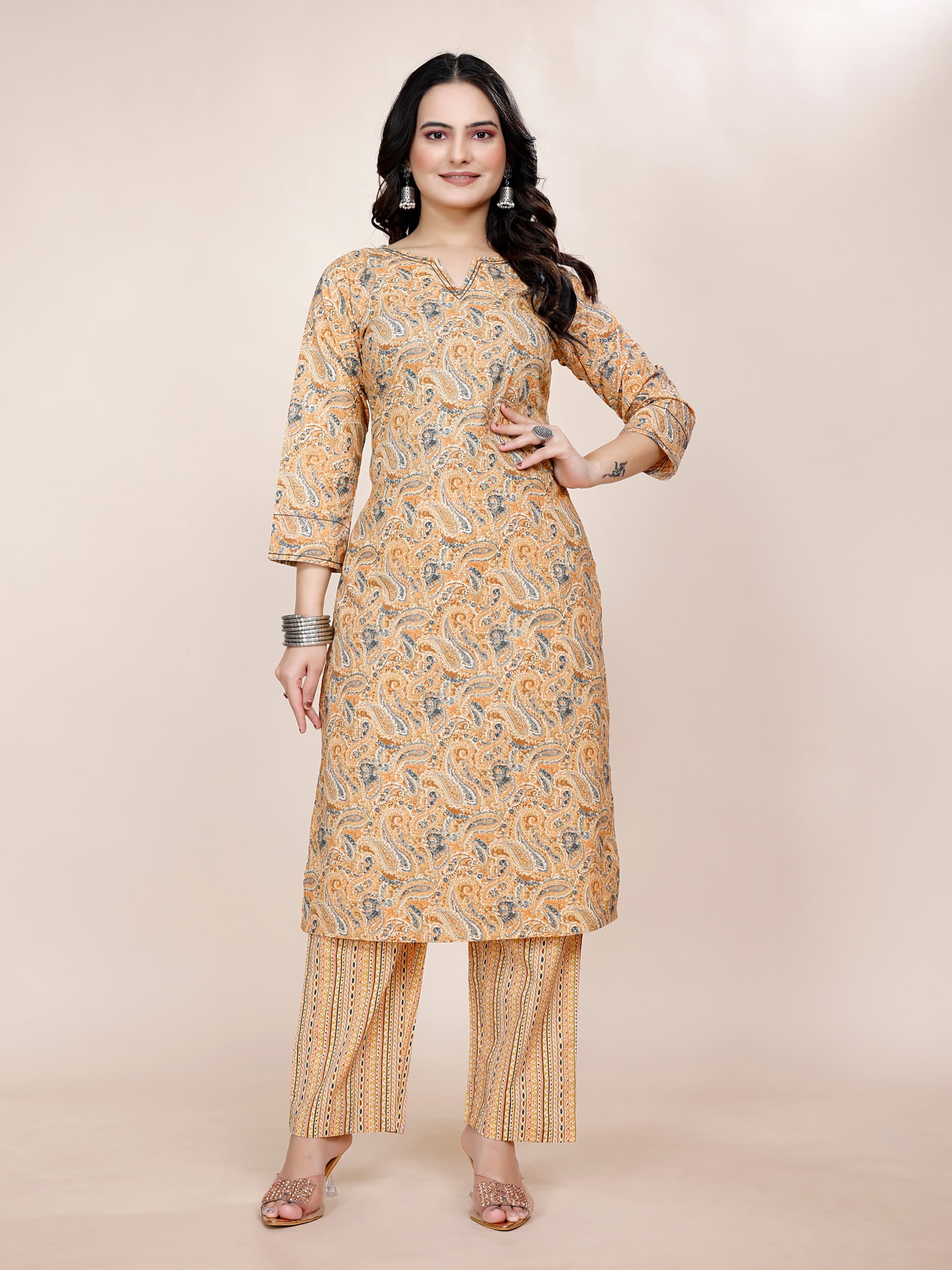 Women Premium Cotton Mustard Kurti Pant Set