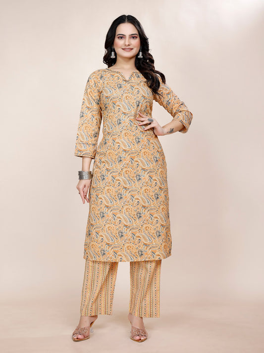 Women Premium Cotton Mustard Kurti Pant Set