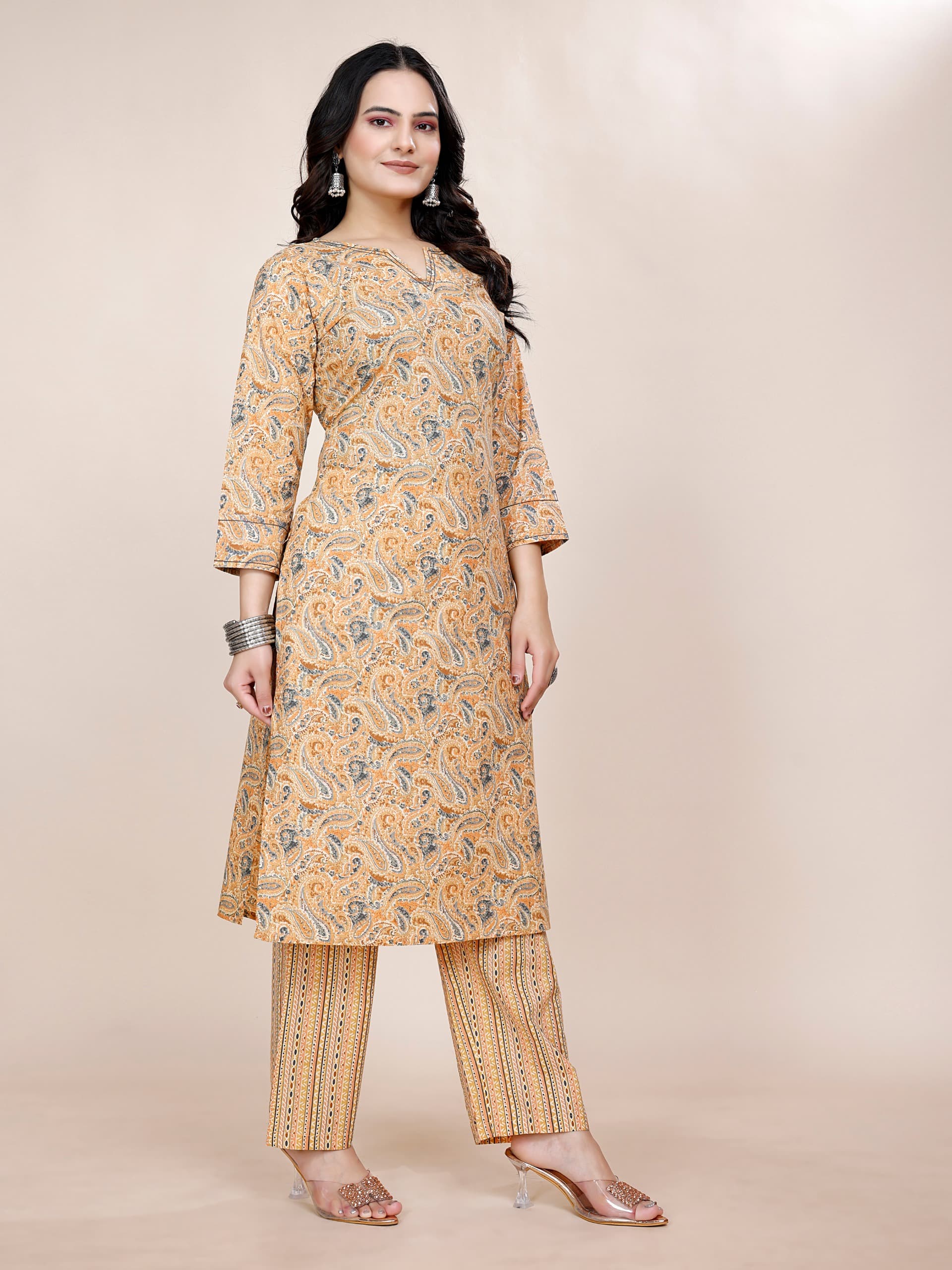 Women Premium Cotton Mustard Kurti Pant Set