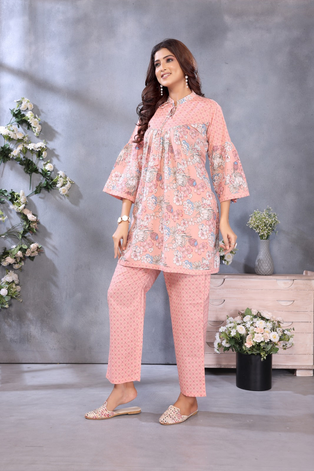 Women Premium Cotton Peach Cord Style Kurti Pant Set