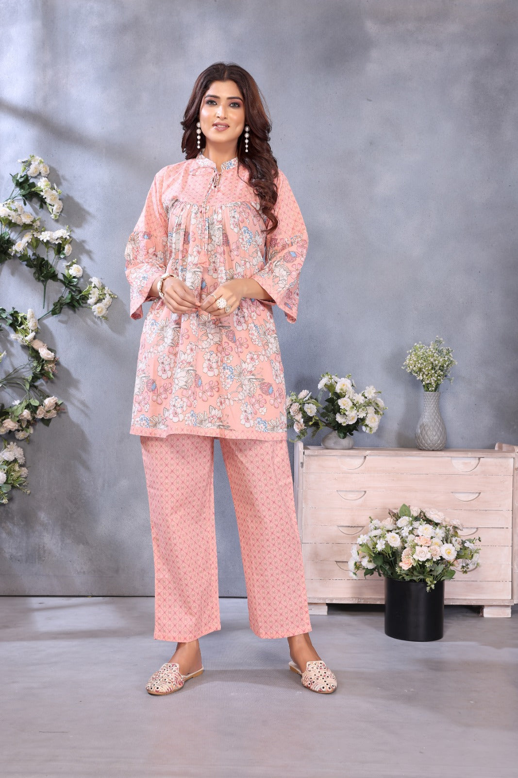 Women Premium Cotton Peach Cord Style Kurti Pant Set