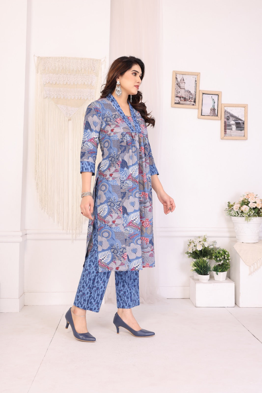 Women Premium Cotton Royal Blue Kurti Pant Set