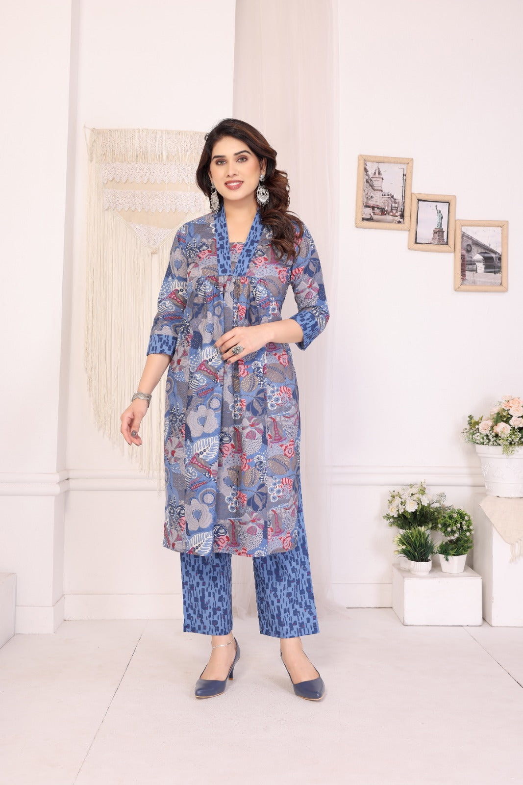 Women Premium Cotton Royal Blue Kurti Pant Set