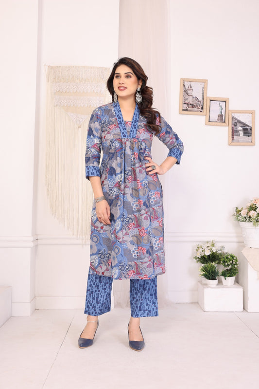 Women Premium Cotton Royal Blue Kurti Pant Set