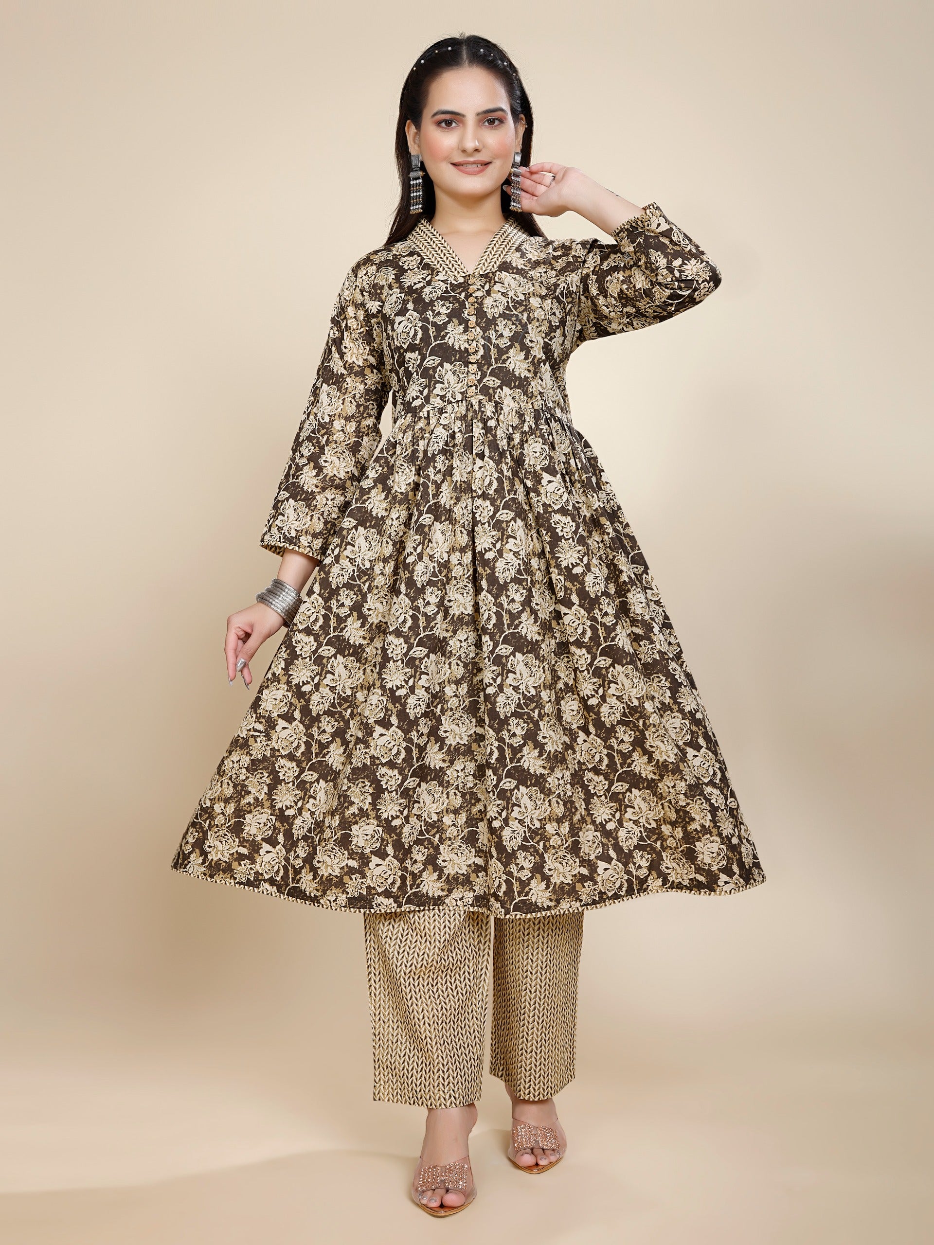 Women Premium Cotton Chocolate Brown Kurti Pant Set