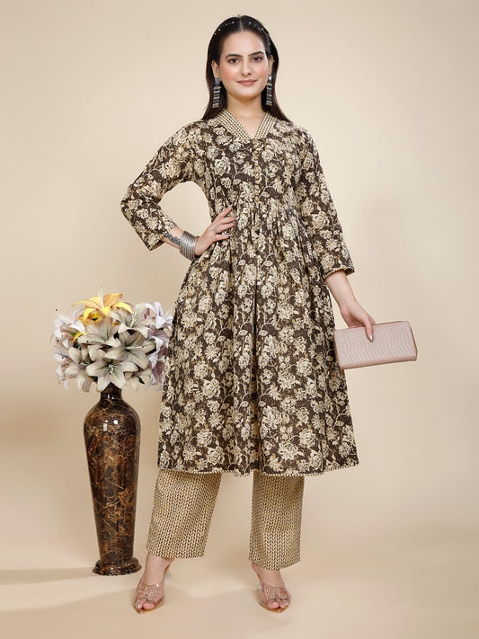 Women Premium Cotton Chocolate Brown Kurti Pant Set
