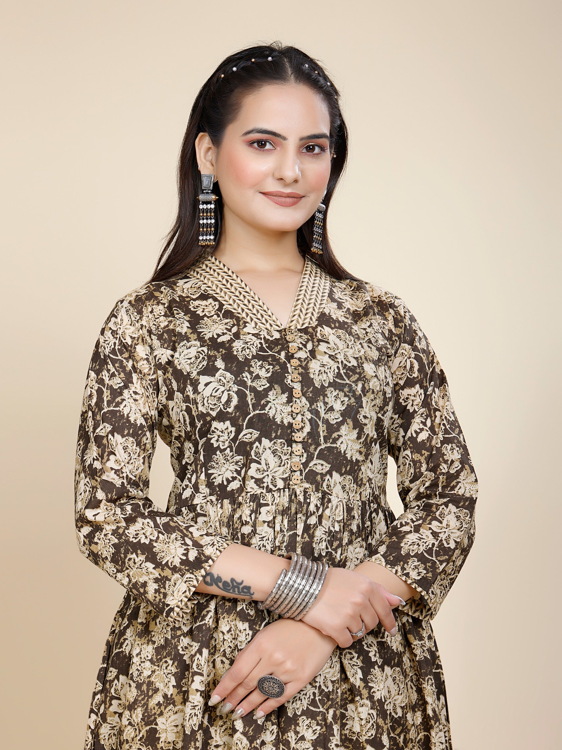 Women Premium Cotton Chocolate Brown Kurti Pant Set