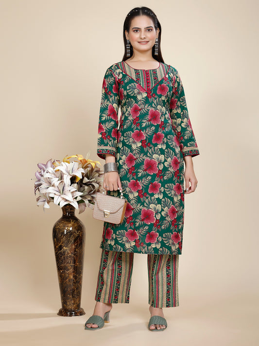 Women Premium Cotton Bottle Green Kurti Pant Set