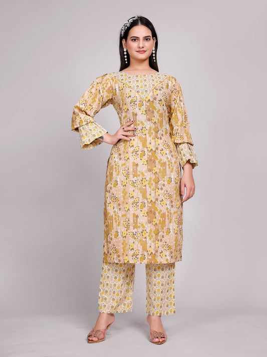 Women Premium Cotton Peanut Brown Kurti Pant Set