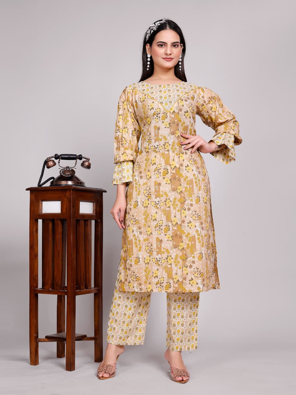Women Premium Cotton Peanut Brown Kurti Pant Set