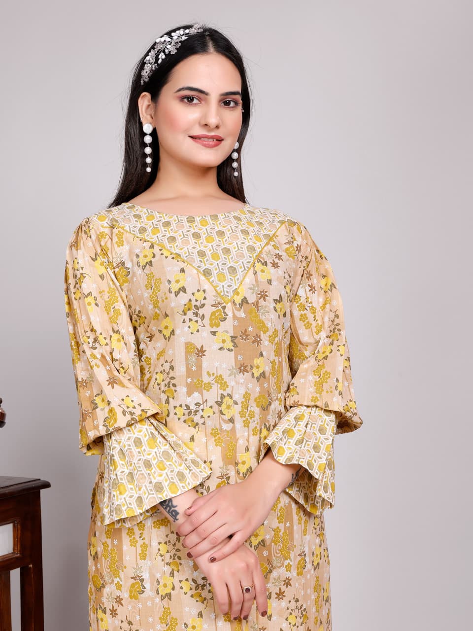 Women Premium Cotton Peanut Brown Kurti Pant Set