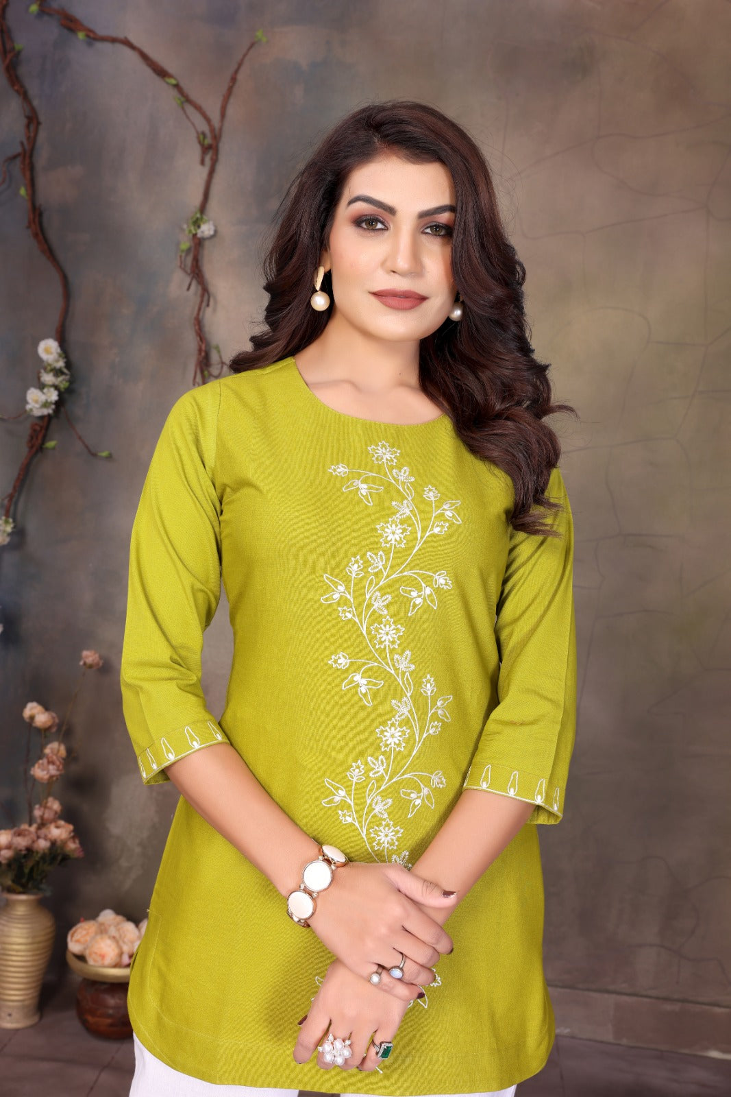 Women Cotton Linen Neon Green Embroidered Short Top