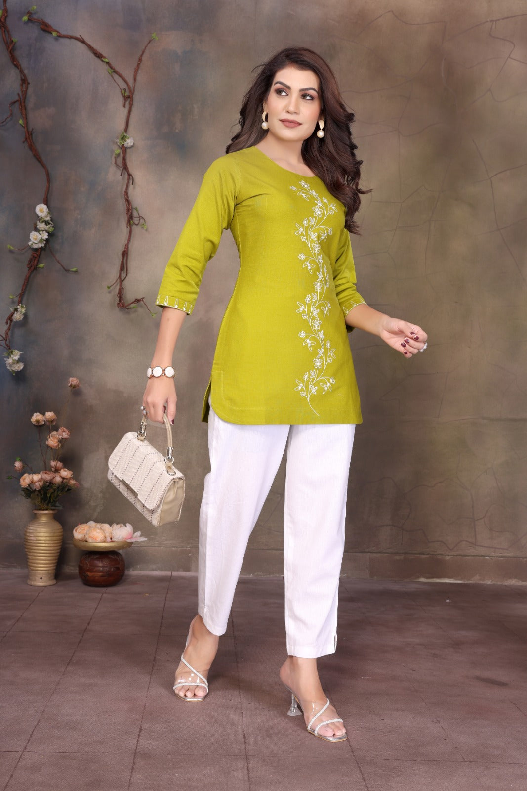 Women Cotton Linen Neon Green Embroidered Short Top