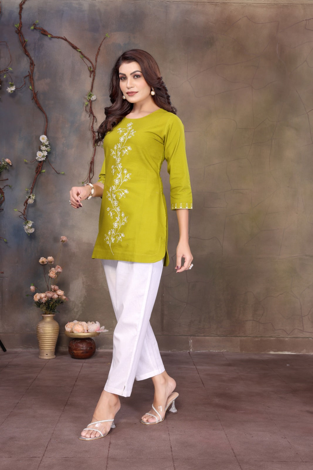 Women Cotton Linen Neon Green Embroidered Short Top
