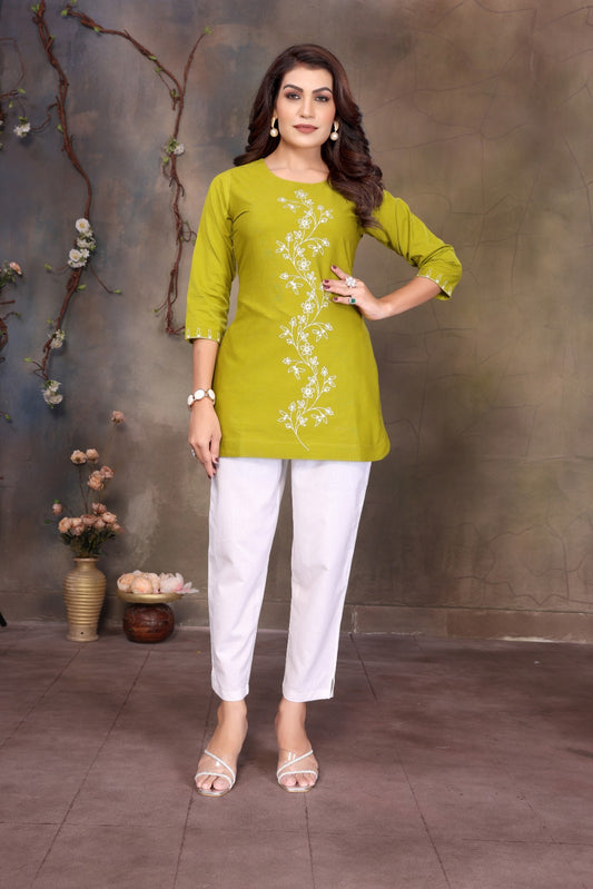 Women Cotton Linen Neon Green Embroidered Short Top