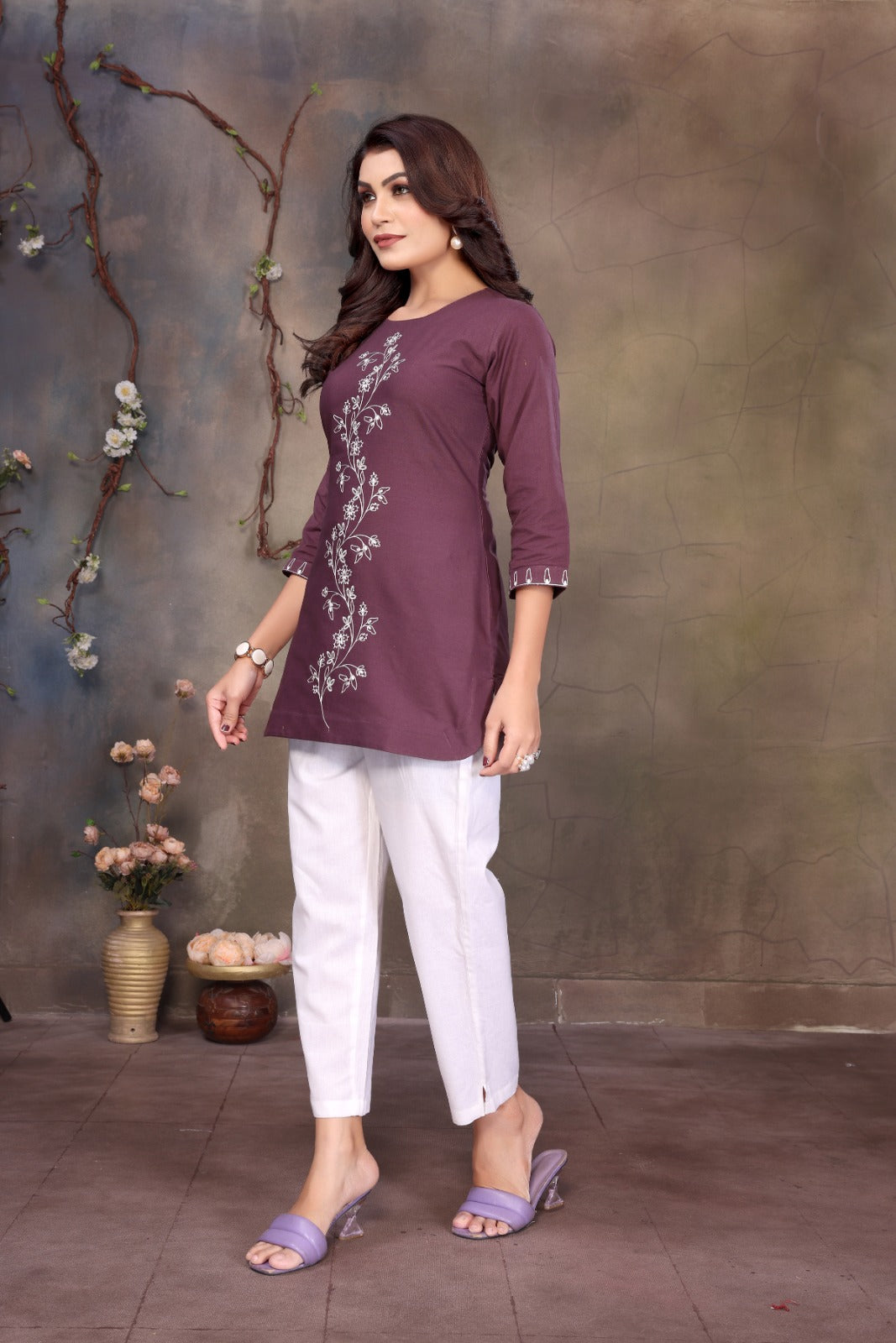 Women Cotton Linen Magenta Purple Embroidered Short Top